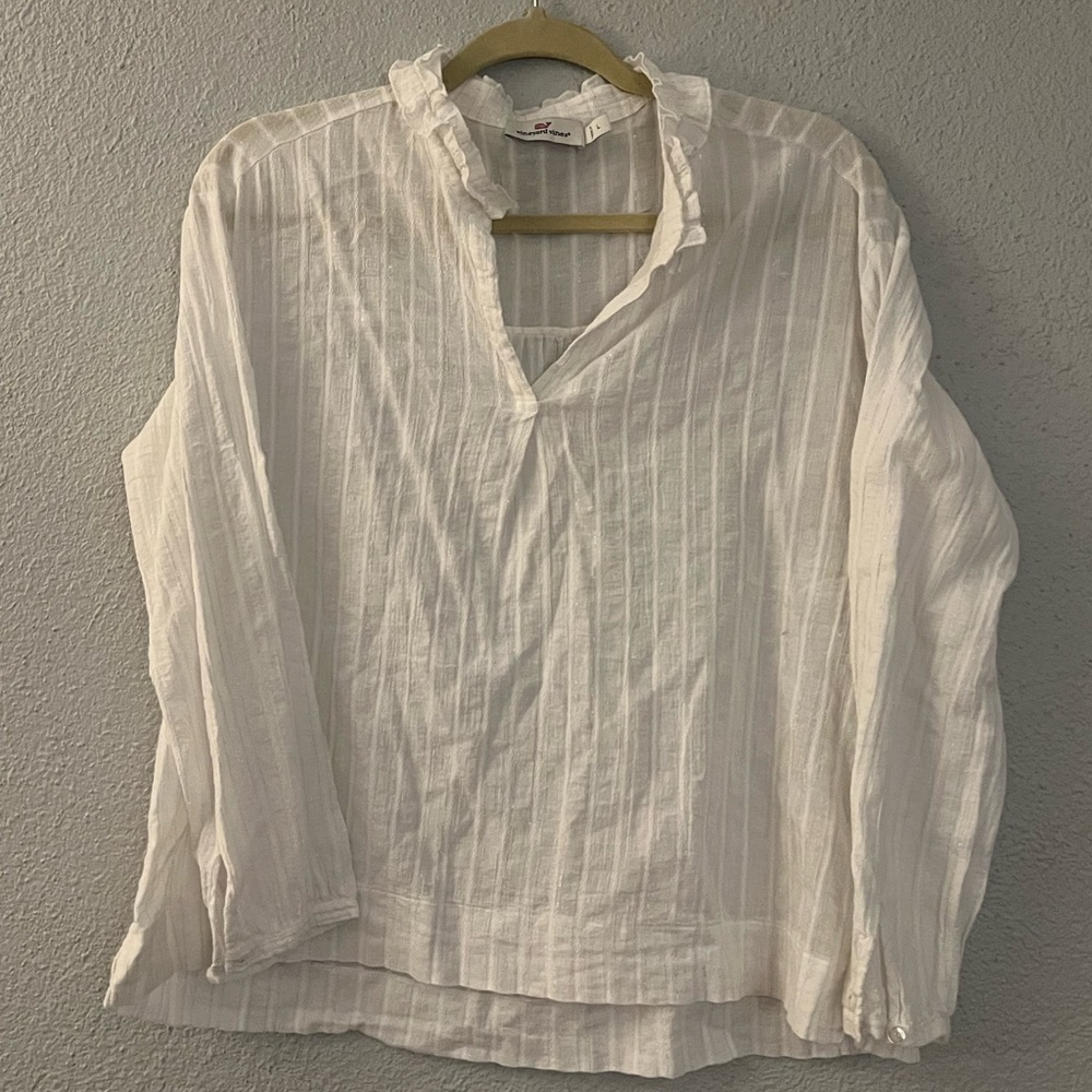 White, Silver Pinstripe Ruffle Collar Blouse